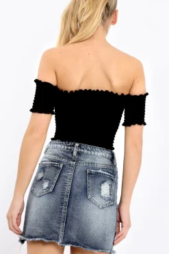 Rebellious Fashion Black Bardot Frill Shirred Crop Top - Kailah
