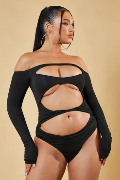 Rebellious Fashion Black Bardot Front Cut Out Bodysuit - Heather