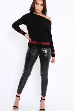Rebellious Fashion Black Bardot Jumper with Stripe and Corset Tie Detail - Sandie