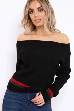 Rebellious Fashion Black Bardot Jumper with Stripe Detail - Falon