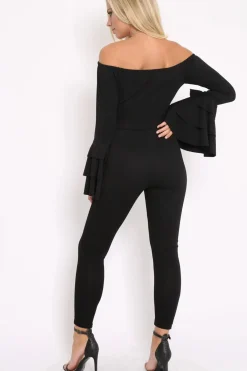 Rebellious Fashion Black Bardot Jumpsuit with Tiered Flared Sleeves - Vivianne