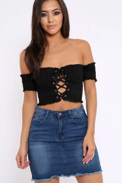 Rebellious Fashion Black Bardot Lace Up Frill Shirred Crop Top - Linsa