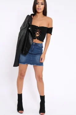 Rebellious Fashion Black Bardot Lace Up Frill Shirred Crop Top - Linsa
