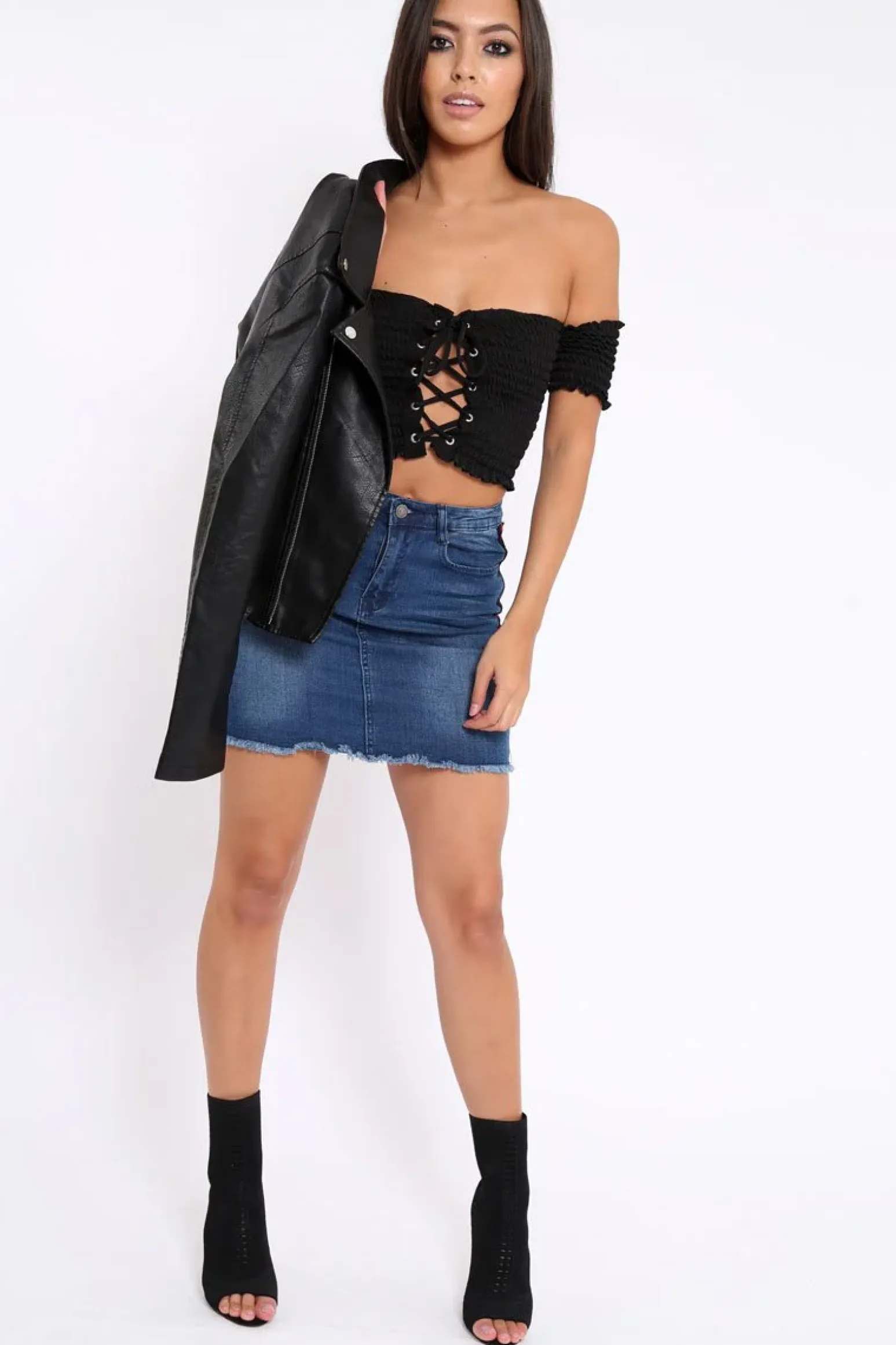 Rebellious Fashion Black Bardot Lace Up Frill Shirred Crop Top - Linsa