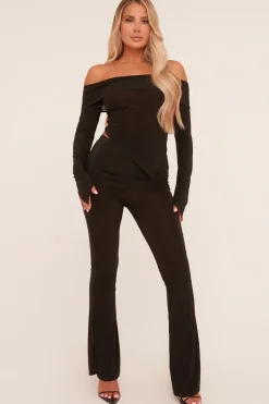 Rebellious Fashion Black Bardot Long Sleeve Top & Flared Leg Trousers Co-ord Set - Liva