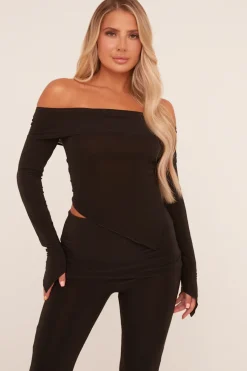 Rebellious Fashion Black Bardot Long Sleeve Top & Flared Leg Trousers Co-ord Set - Liva