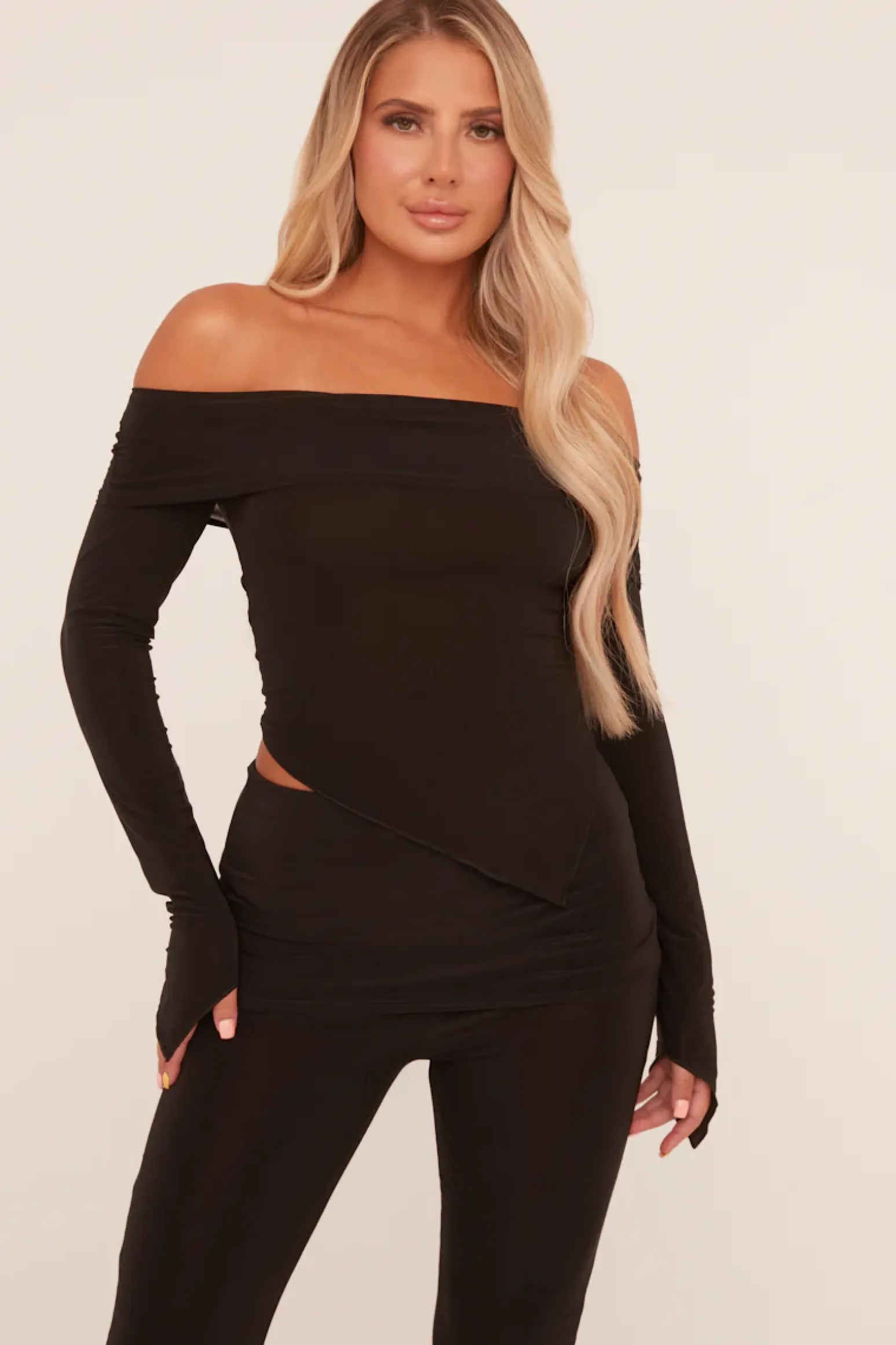 Rebellious Fashion Black Bardot Long Sleeve Top & Flared Leg Trousers Co-ord Set - Liva