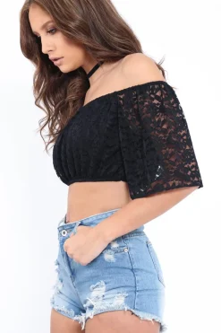 Rebellious Fashion Black Bardot Mesh Crop Top - Mally