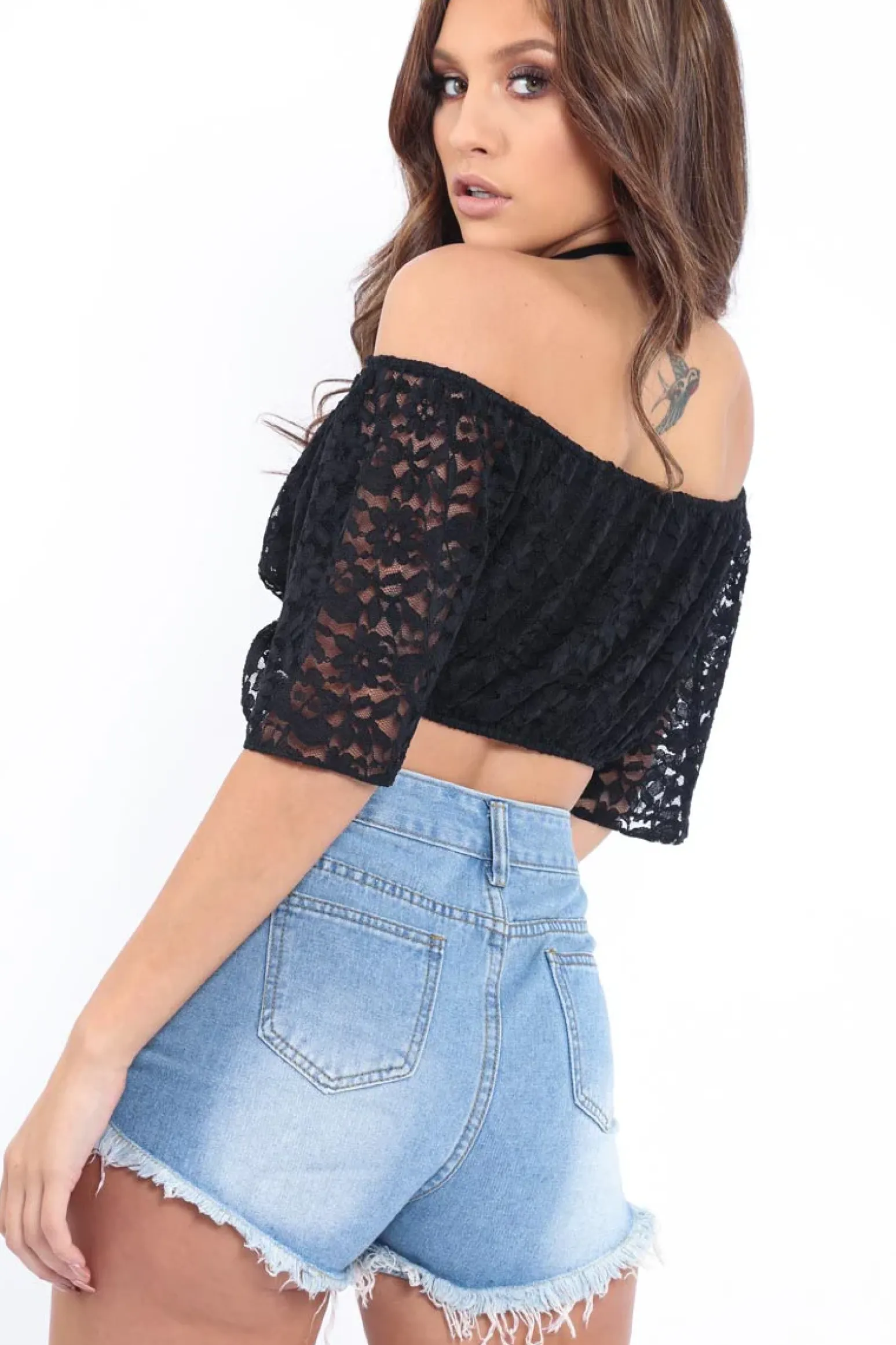 Rebellious Fashion Black Bardot Mesh Crop Top - Mally