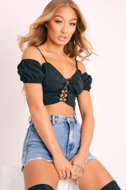 Rebellious Fashion Black Bardot Milkmaid Lace Up Crop Top - Abigail