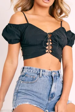 Rebellious Fashion Black Bardot Milkmaid Lace Up Crop Top - Abigail
