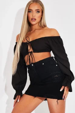 Rebellious Fashion Black Bardot Puff Sleeve Tie Crop Top - Kariel