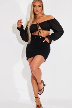 Rebellious Fashion Black Bardot Puff Sleeve Tie Crop Top - Kariel