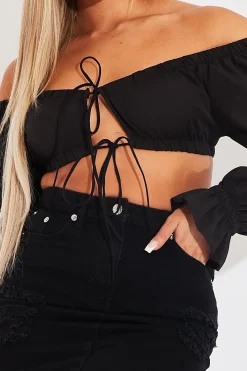 Rebellious Fashion Black Bardot Puff Sleeve Tie Crop Top - Kariel