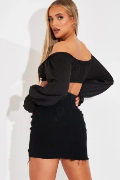 Rebellious Fashion Black Bardot Puff Sleeve Tie Crop Top - Kariel