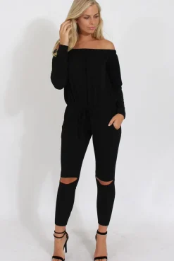 Rebellious Fashion Black Bardot Ripped Knee Jumpsuit - Betty