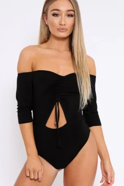 Rebellious Fashion Black Bardot Ruched Front and Cut Out Bodysuit - Olivya