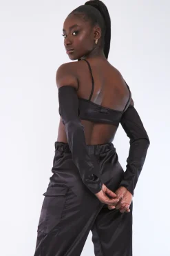 Rebellious Fashion Black Bardot Satin Crop Top - Alana