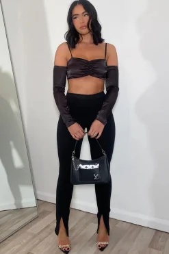 Rebellious Fashion Black Bardot Satin Crop Top - Alana