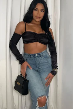 Rebellious Fashion Black Bardot Satin Crop Top - Alana