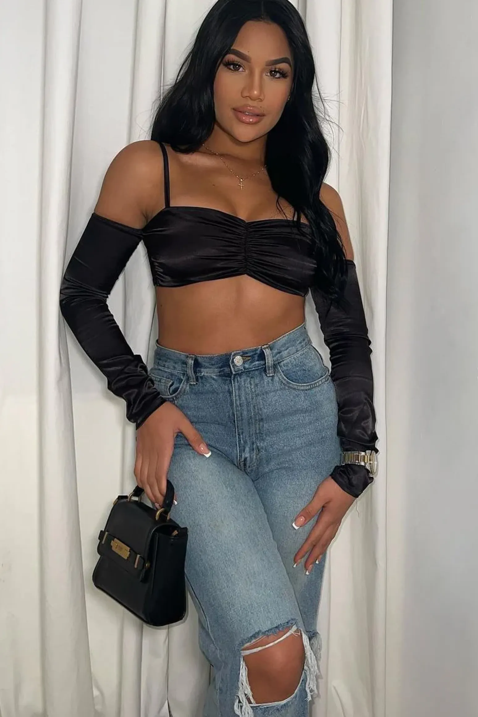Rebellious Fashion Black Bardot Satin Crop Top - Alana