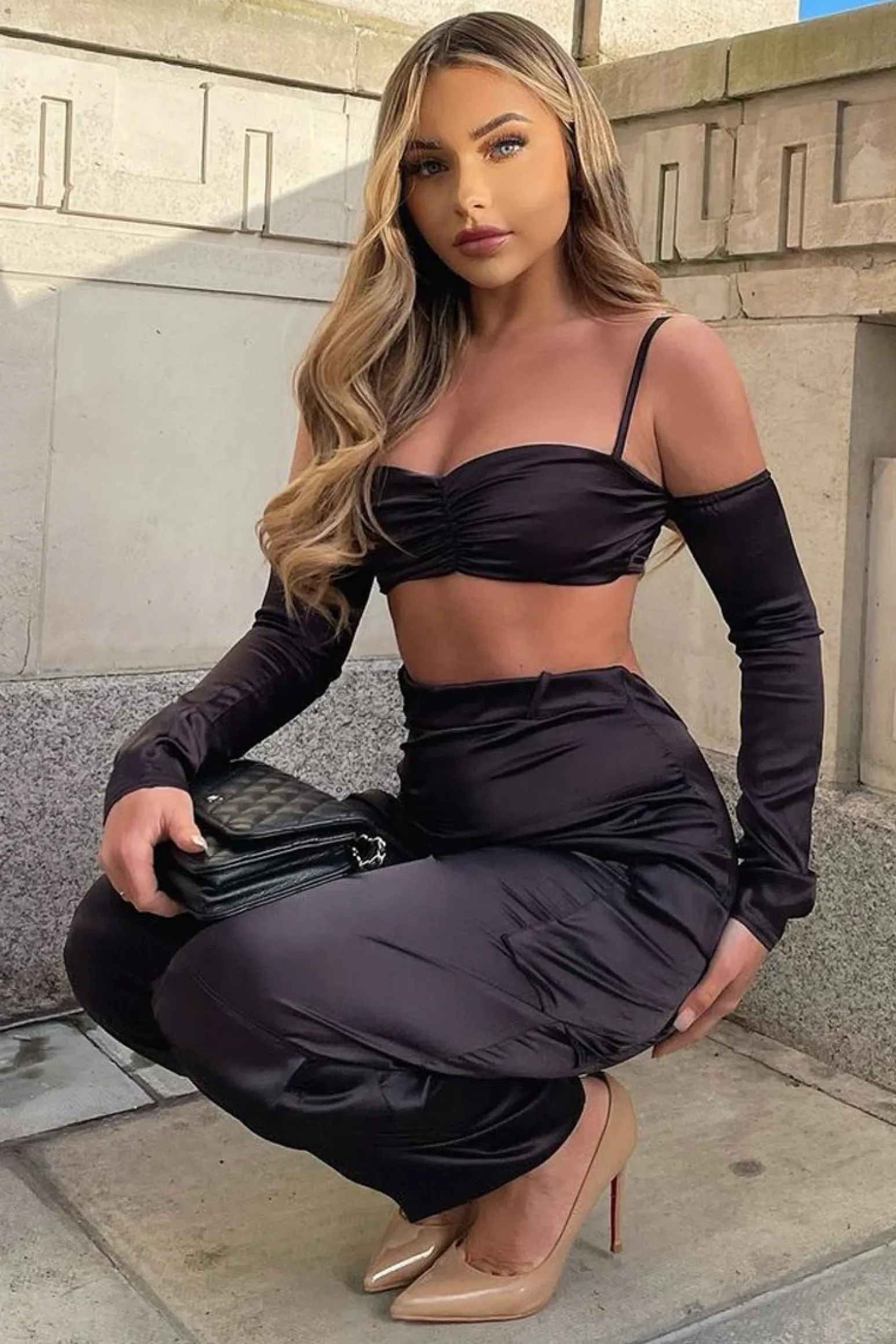 Rebellious Fashion Black Bardot Satin Crop Top - Alana
