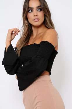 Rebellious Fashion Black Bardot Shirred Crop Top with Flared Sleeves - Shera