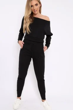 Rebellious Fashion Black Bardot Sweatshirt and Joggers Loungewear Set - Marnie