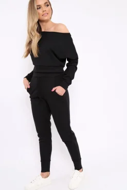 Rebellious Fashion Black Bardot Sweatshirt and Joggers Loungewear Set - Marnie