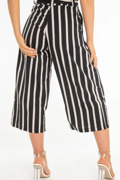 Rebellious Fashion Black Beige Stripe Tie Front Culotte Trousers - Kaden