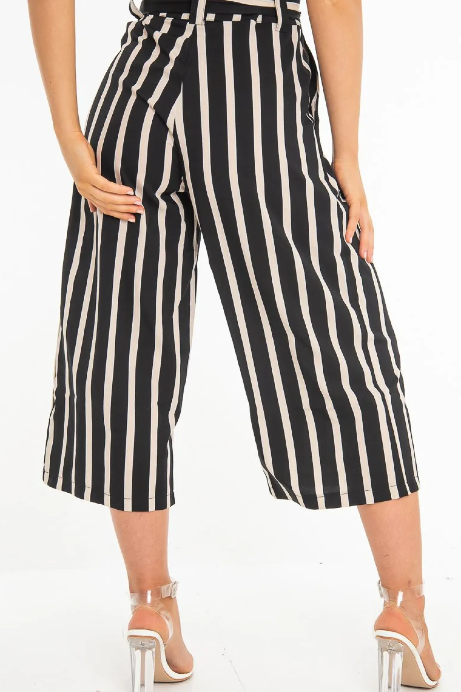 Rebellious Fashion Black Beige Stripe Tie Front Culotte Trousers - Kaden