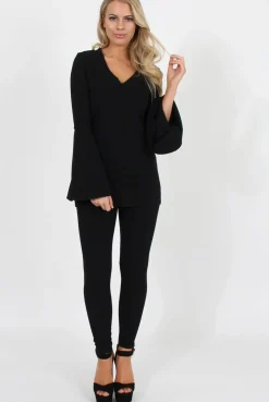Rebellious Fashion Black Bell Sleeve Two Piece - Terry