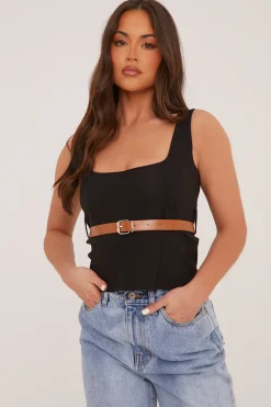 Rebellious Fashion Black Belt Detail Square Neck Sleeveless Top - Lucee