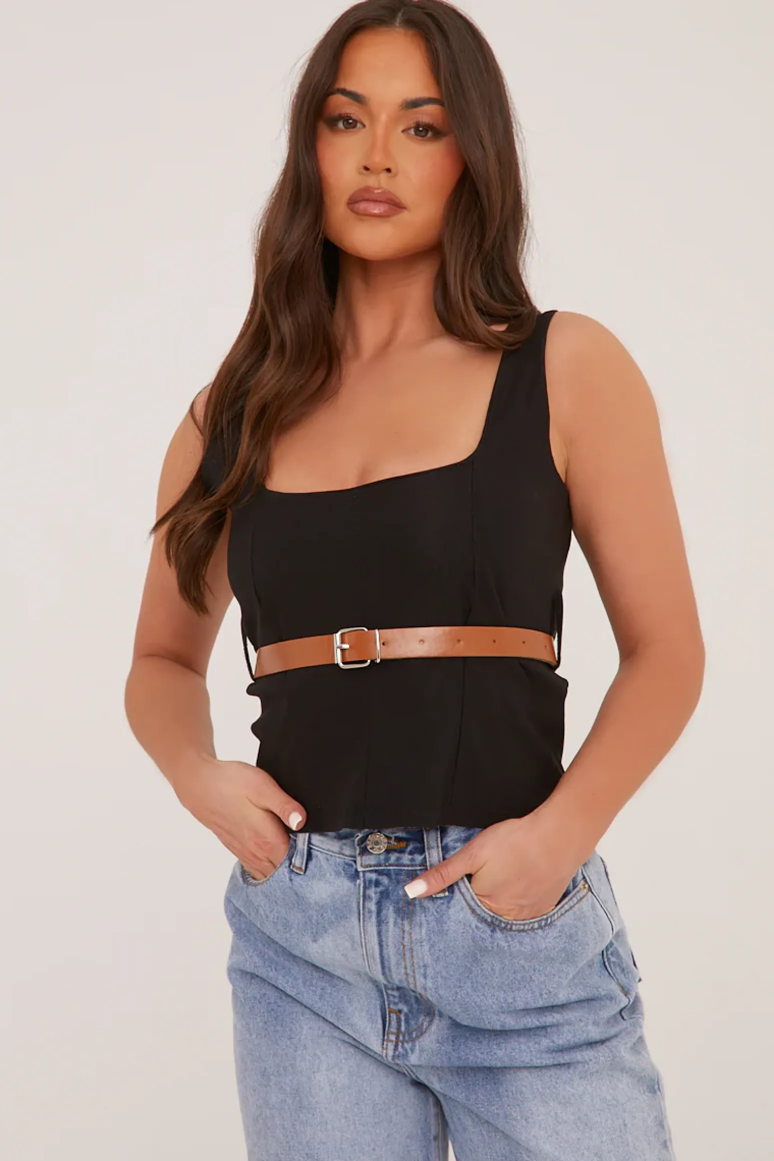 Rebellious Fashion Black Belt Detail Square Neck Sleeveless Top - Lucee