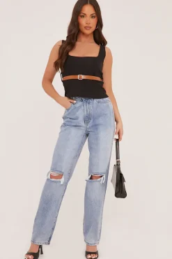 Rebellious Fashion Black Belt Detail Square Neck Sleeveless Top - Lucee