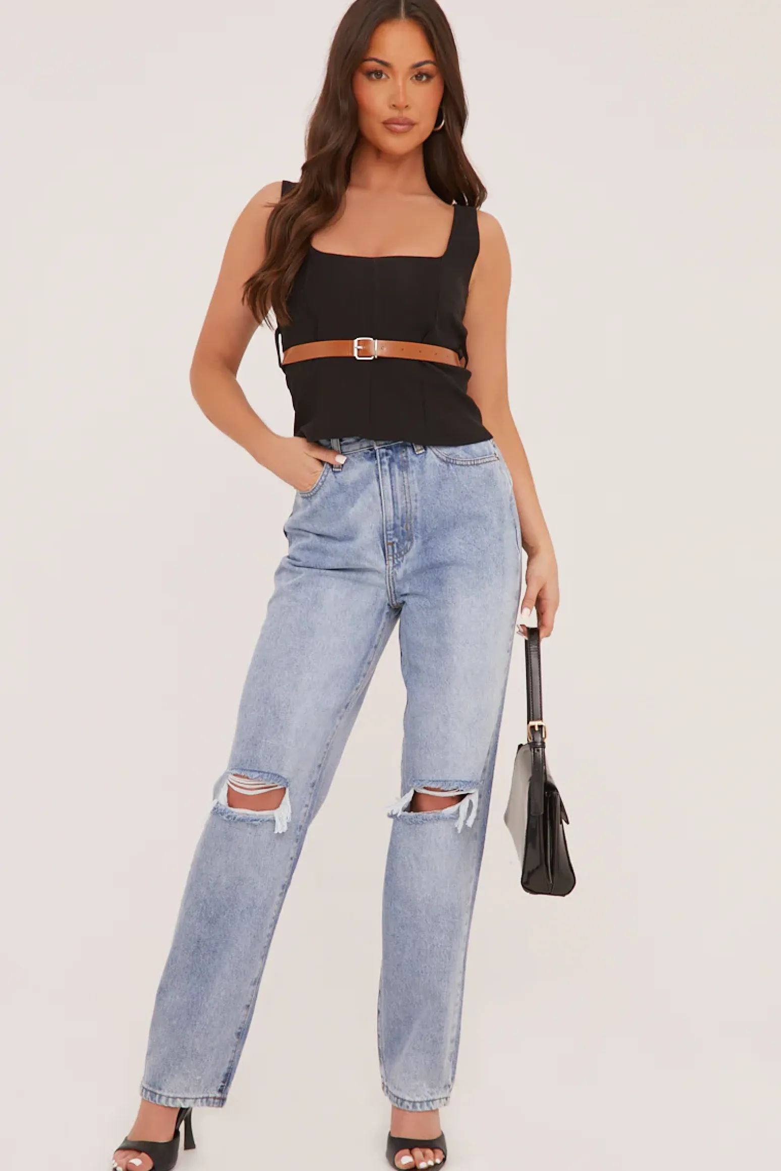 Rebellious Fashion Black Belt Detail Square Neck Sleeveless Top - Lucee