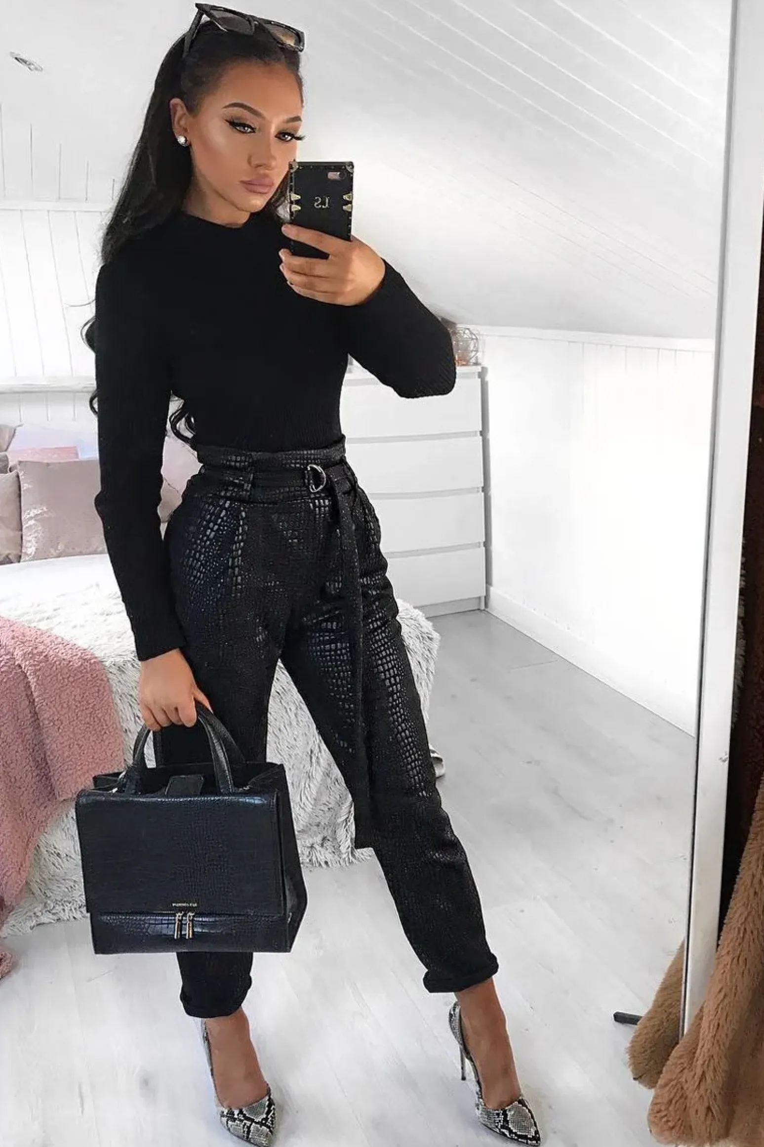 Rebellious Fashion Black Belted Croc Print Tapered Trousers - Aasia