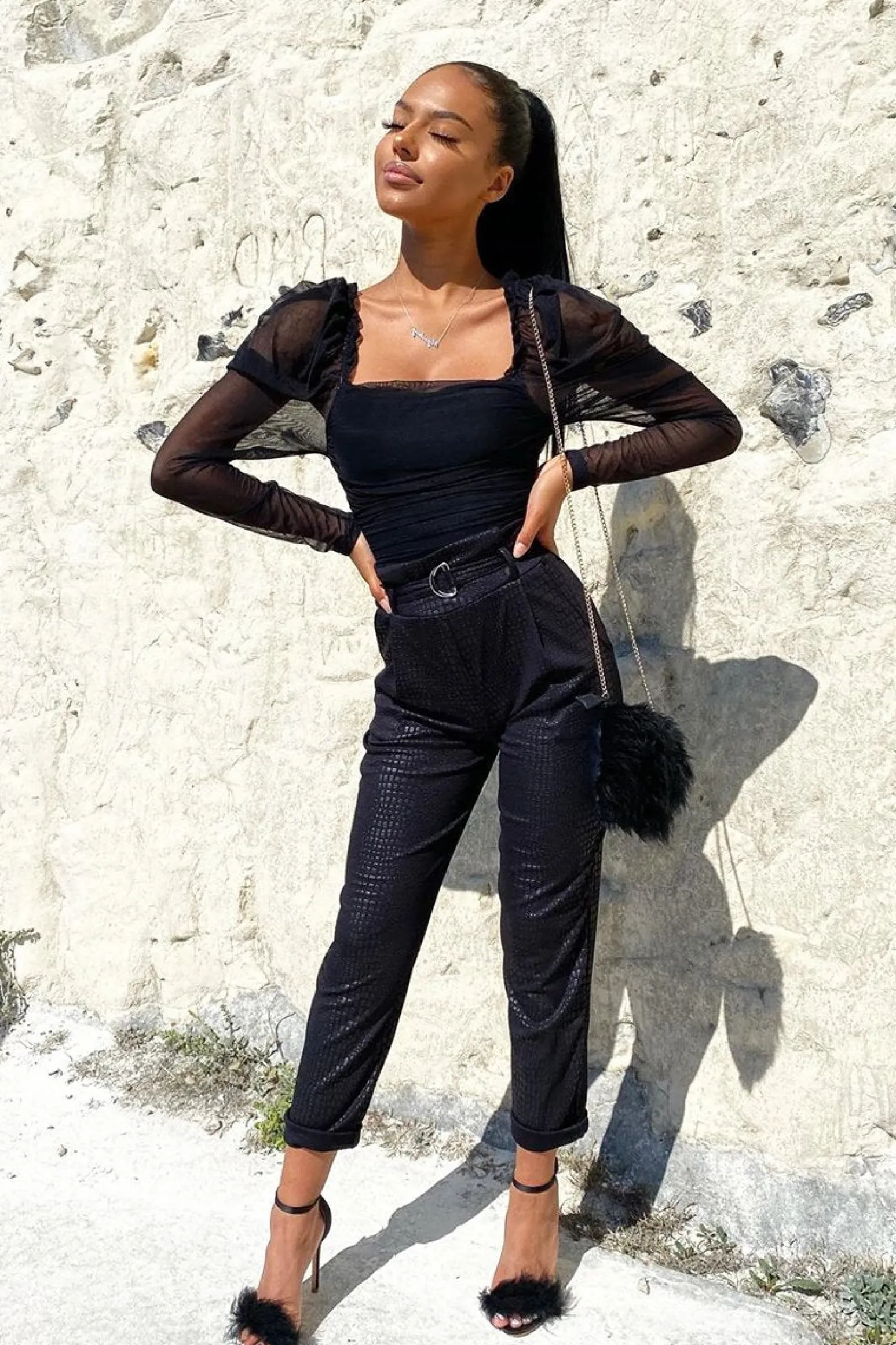 Rebellious Fashion Black Belted Croc Print Tapered Trousers - Aasia