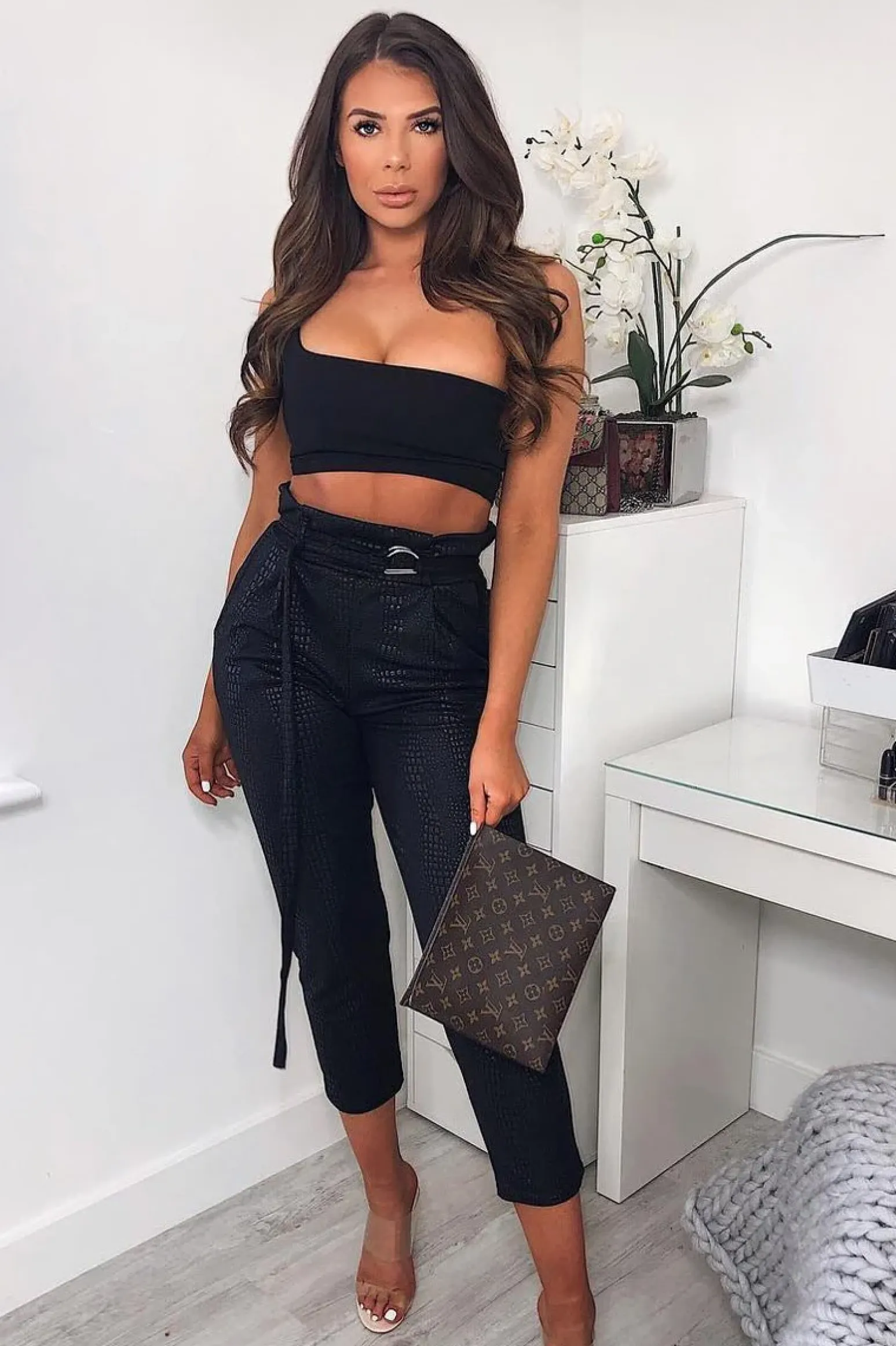 Rebellious Fashion Black Belted Croc Print Tapered Trousers - Aasia