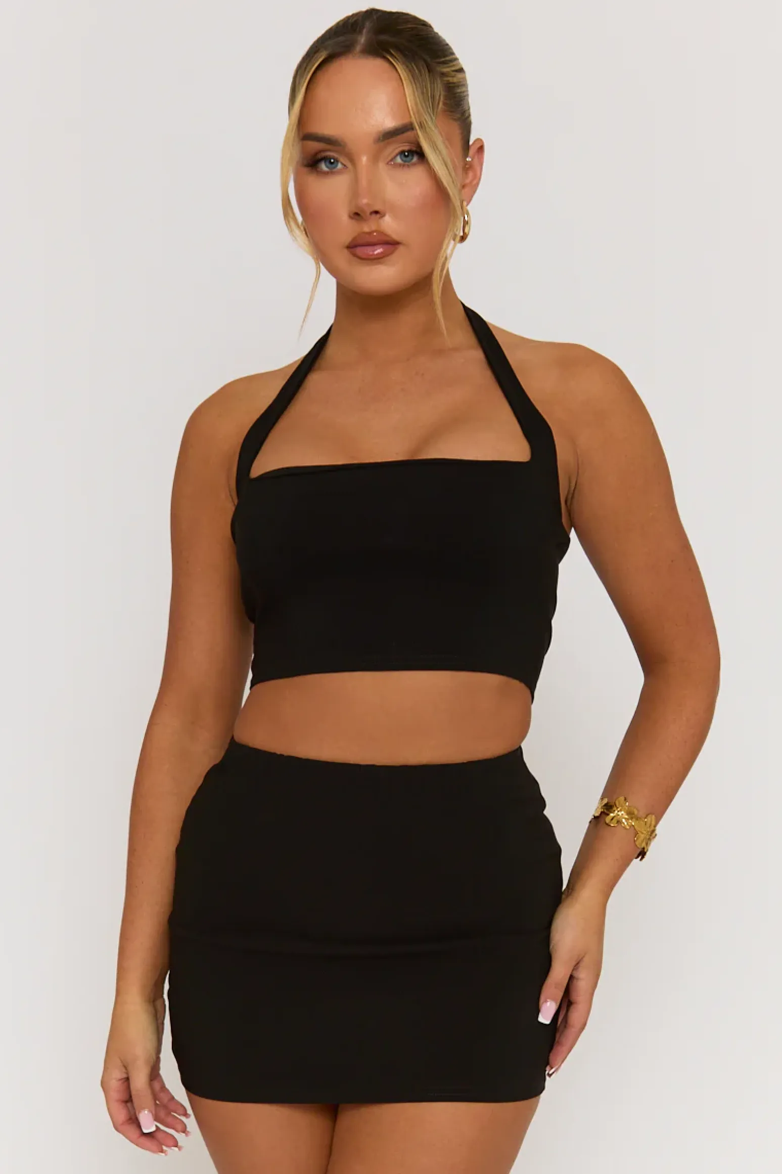 Rebellious Fashion Black Bengaline Halter Top and Mini Skirt Co-Ord - Nancy