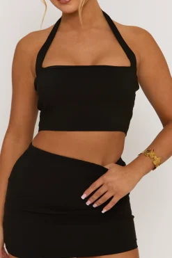 Rebellious Fashion Black Bengaline Halter Top and Mini Skirt Co-Ord - Nancy
