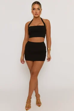 Rebellious Fashion Black Bengaline Halter Top and Mini Skirt Co-Ord - Nancy