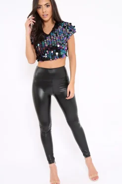 Rebellious Fashion Black Big Disc Sequin Crop Top - Layton