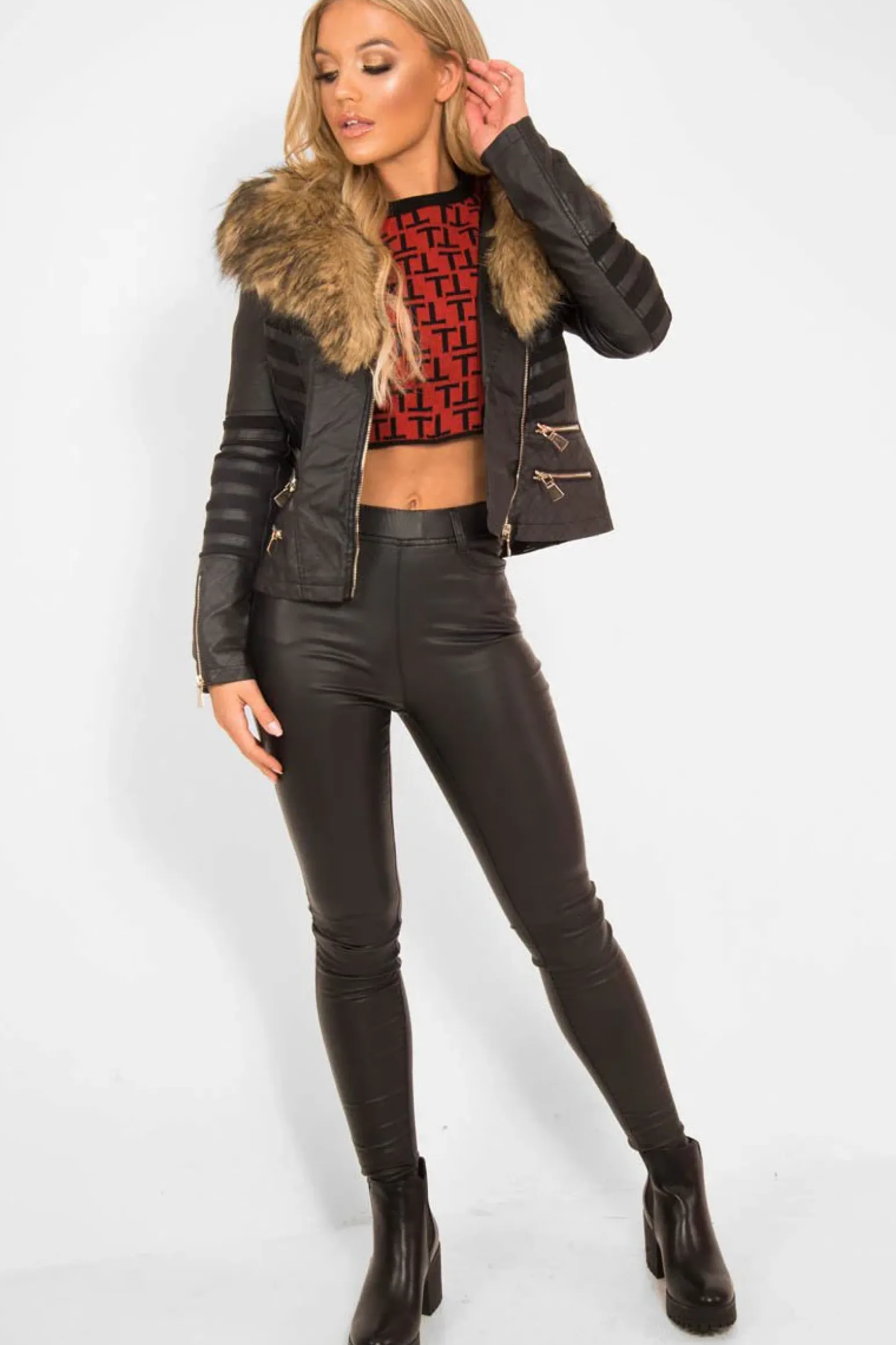 Rebellious Fashion Black Biker Faux Fur Collar Jacket - Kaydi