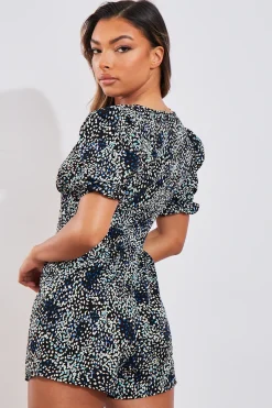 Rebellious Fashion Black Blue Leopard Print Playsuit - Tessa
