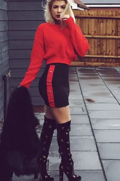 Rebellious Fashion Black Bodycon Skirt with Sports Trim and Popper Detail - Matilda