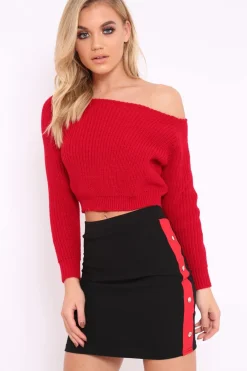 Rebellious Fashion Black Bodycon Skirt with Sports Trim and Popper Detail - Matilda