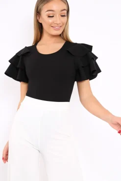 Rebellious Fashion Black Bodysuit Frill Arms - Janeva