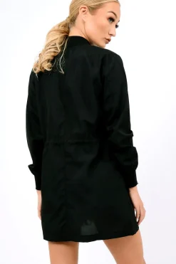 Rebellious Fashion Black Bomber Style Long Jacket - Brea