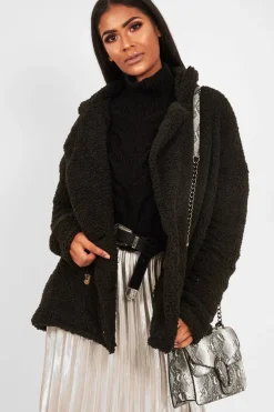 Rebellious Fashion Black Borg Button Front Coat - Dasia